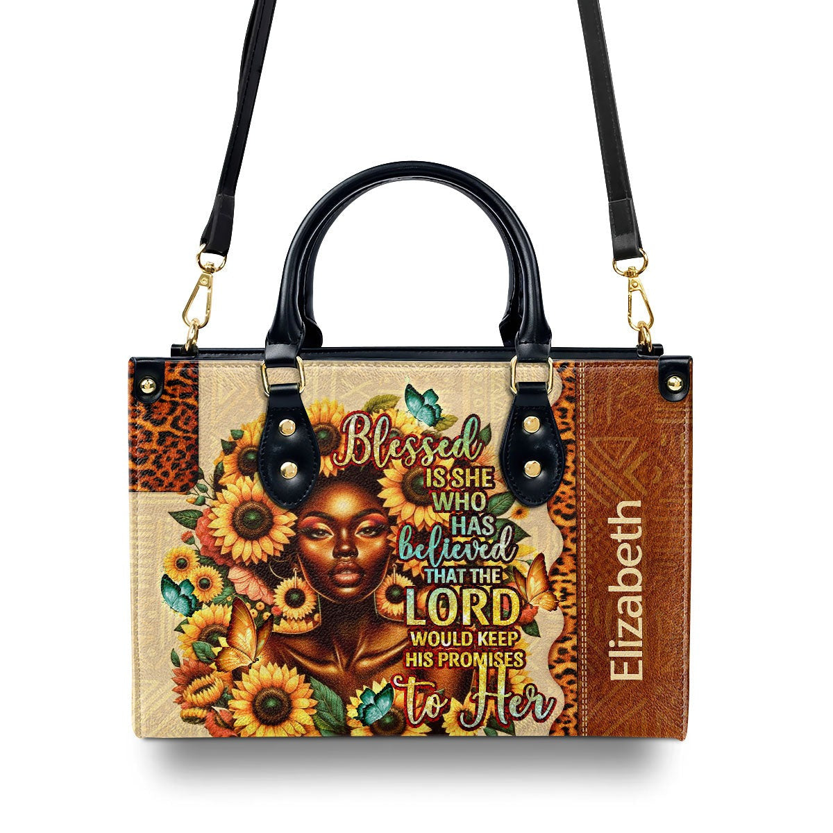 Personalized Christian Leather Handbag, Blessed Is She Who Has Believed Luke 1:45 Tote Bag, Sunflower Bible Verse Purse for Women of Faith BLAF44